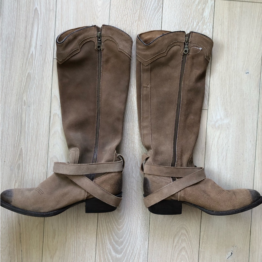 Vintage Matisse Nubuck Suede Zip Up Tall Belted Western Fashion Boots Sz 8.5B - Picture 2 of 12